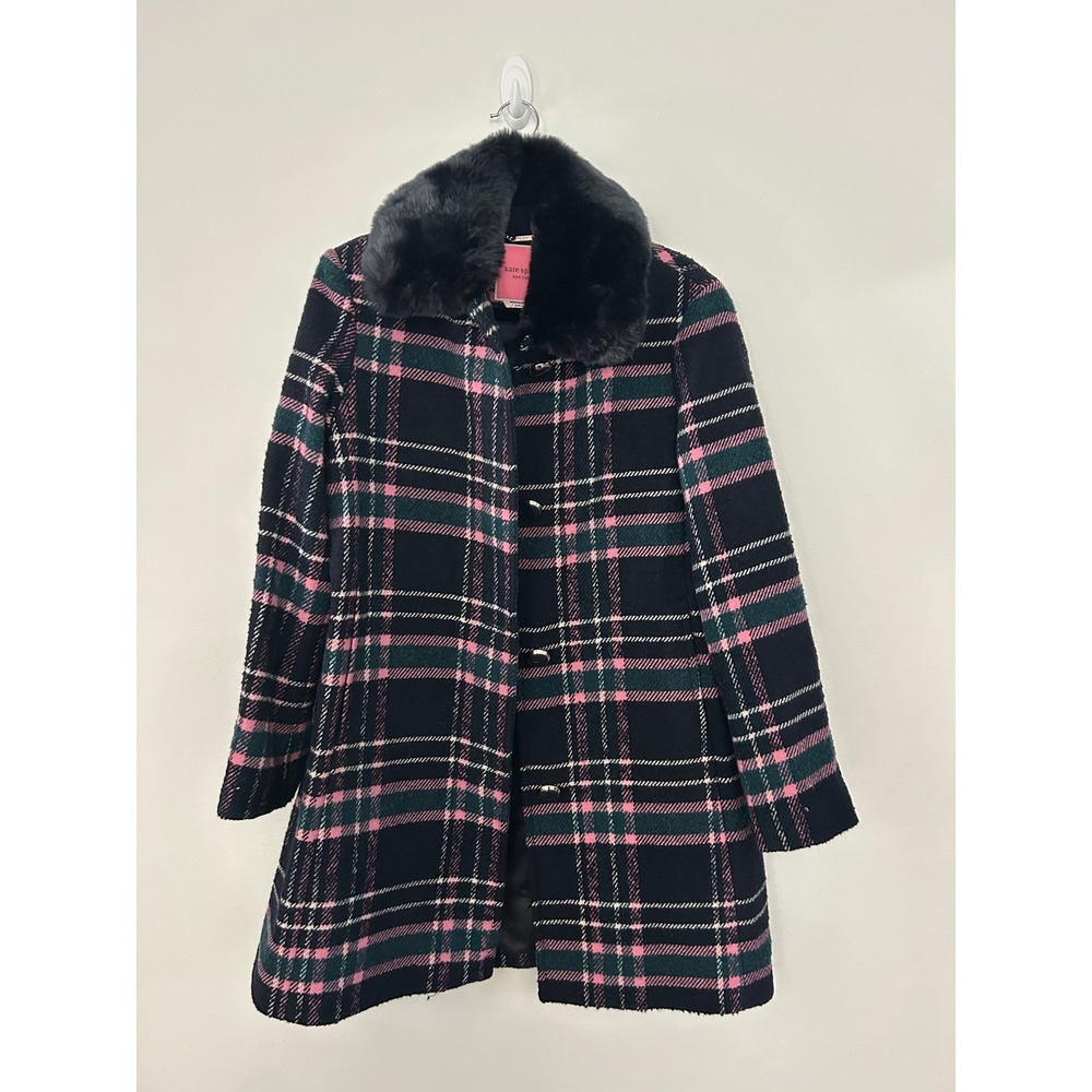NWT $699 Kate Spade Faux Fur Collar Plaid Coat Blazer Blue Pink Wool Blend